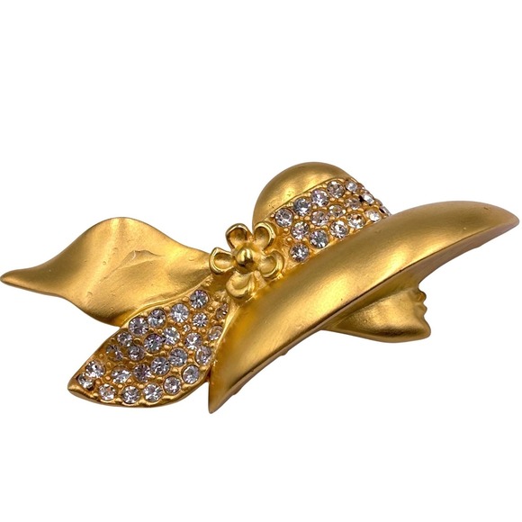 Givenchy Vintage Gold Tone Rhinestone Sun Hat Brooch Pin Matte Finish 4G Logo